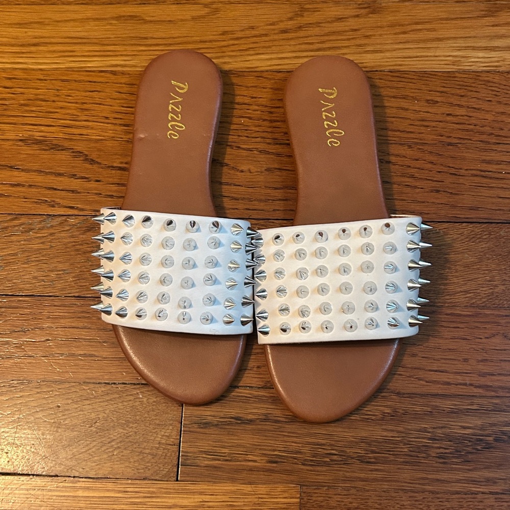 White and Brown Slide Sandals with Silver Studs